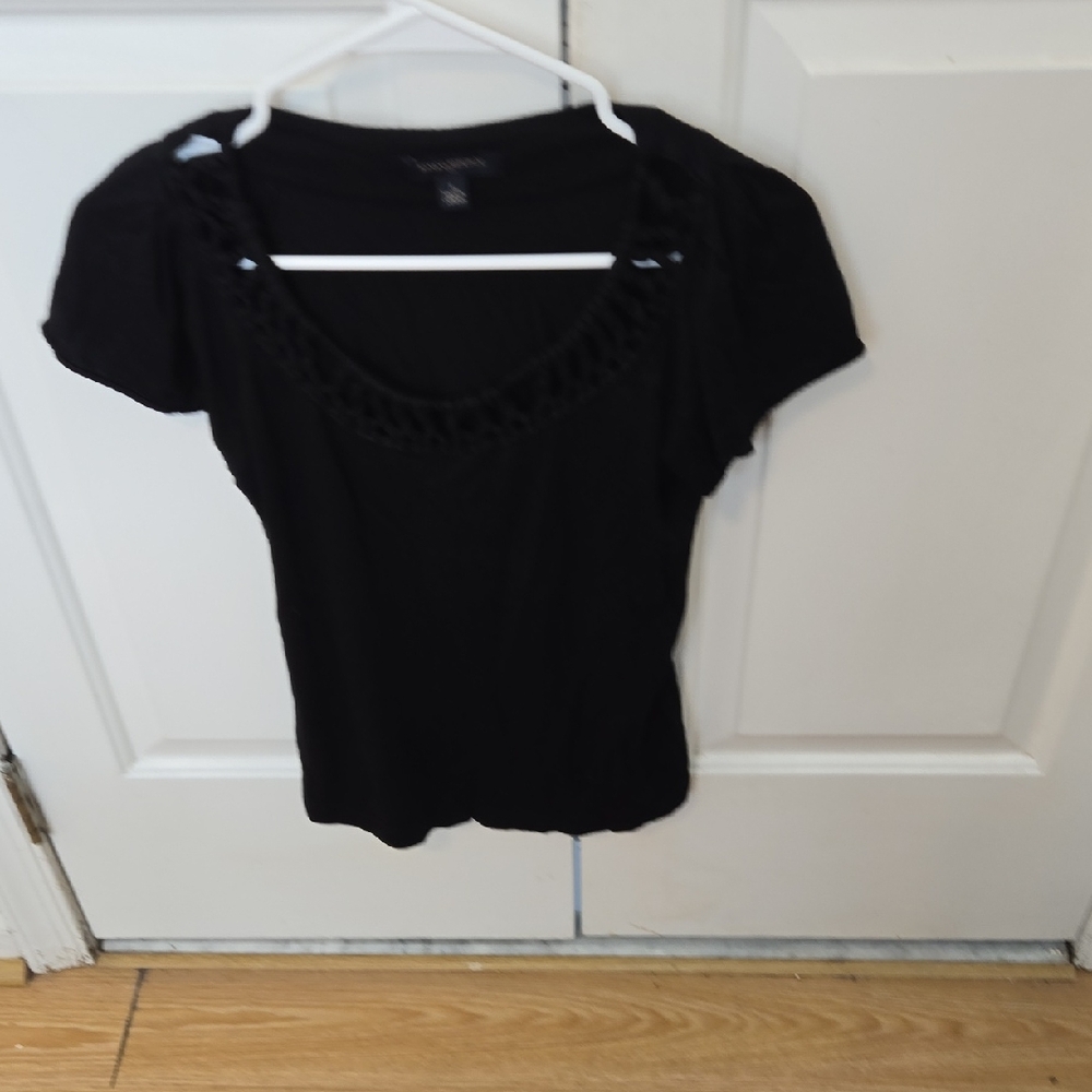 Women’s Black Short Sleeve Scoop Neck Top with Crochet Trim